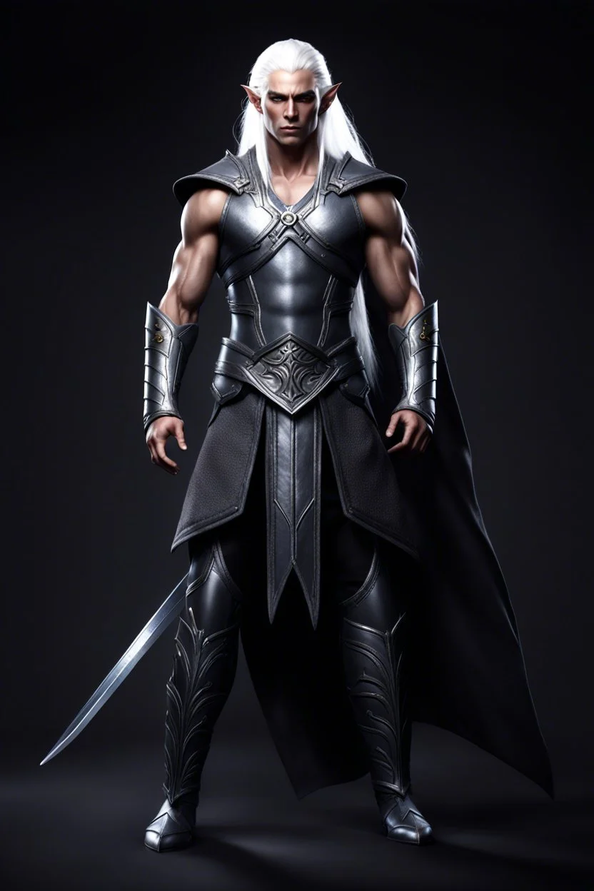 Male elf, muscular warrior, dark grey skin, long white hair. Sci-fi Fantasy. Photorealistic