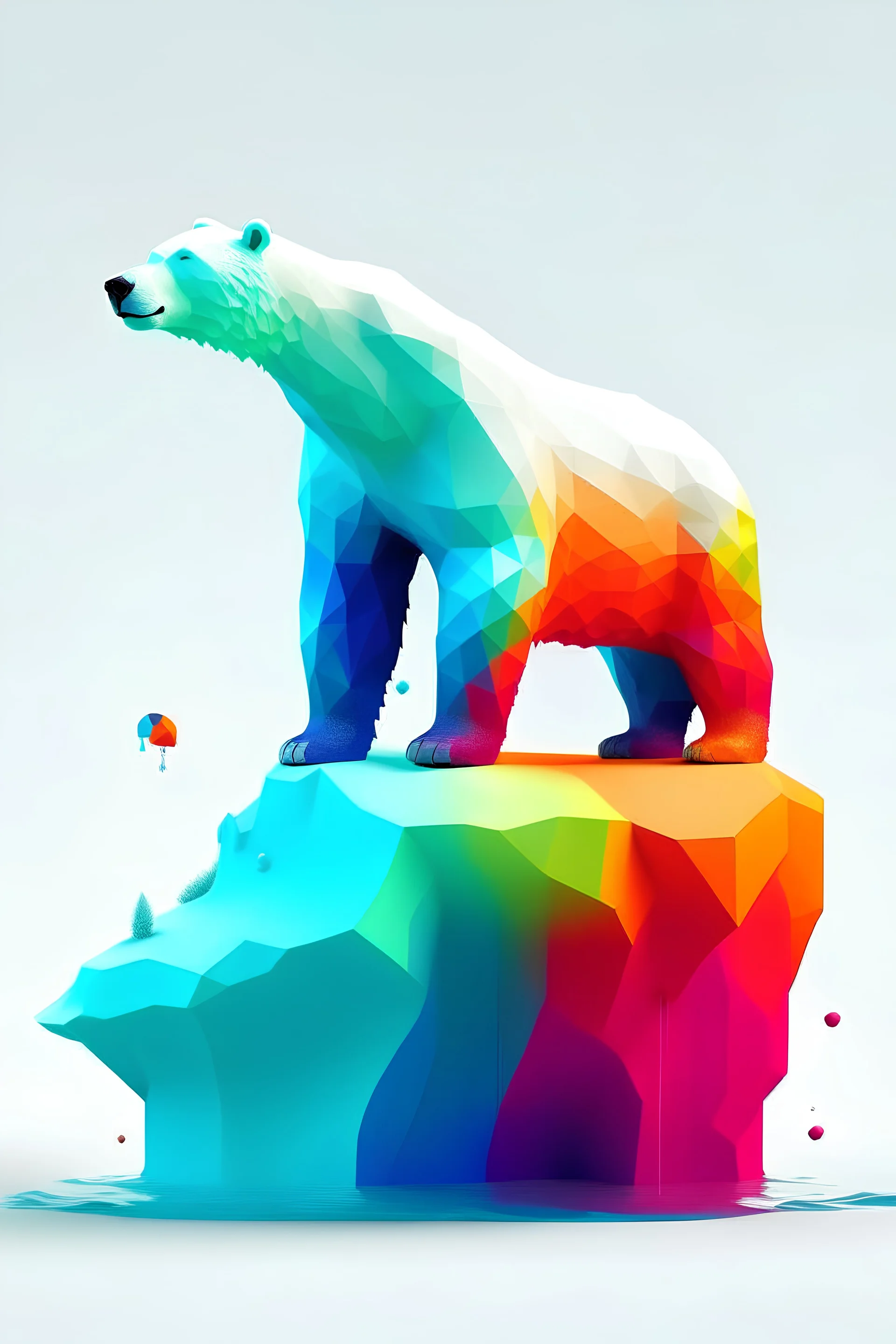 Generate a colourfull artwork of a polarbear standing on iceberg, melting away under his feet.