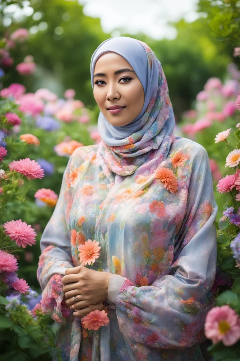 Indonesian woman in hijab with opals and floral clothing in flower garden DSLR RAW" to search for similar images on stock photo websites or contact a photographer for a custom shoot.