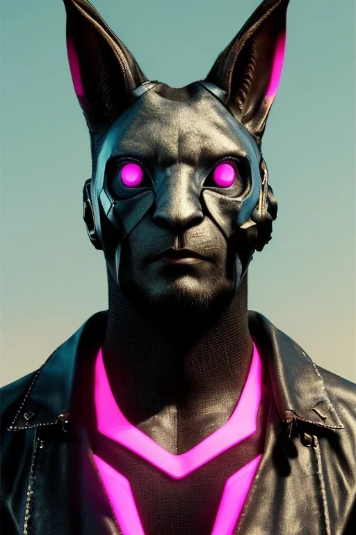 Medium Close Up Portrait, Front image. cyberpunk, rabbit mask, strong man, black hair and beard. latex suit army. Pink, black, color. Cyber futuristic style. Color background, photo studio. Avatar image, highly detailed, concept art, smooth, unreal engine 5, ray tracing, RTX, lumen lighting, ultra detail, volumetric lighting, 3d, finely drawn, high definition, high resolution.