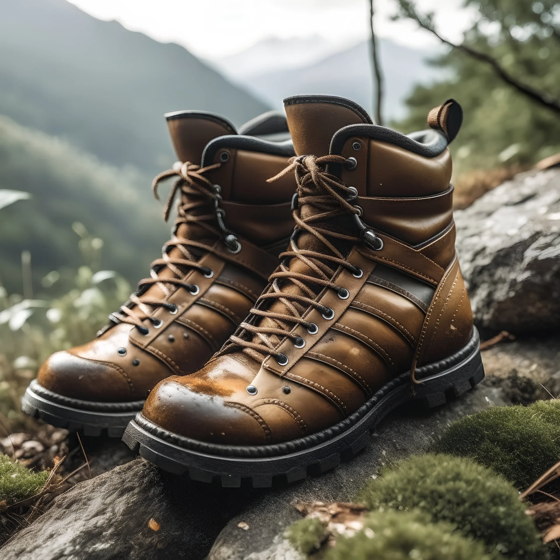 trekking boots surrounded by elements of nature