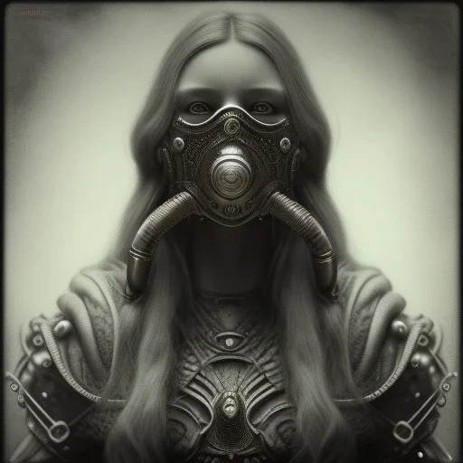 A viking girl with a mask, hr giger, scary, steam punk, realistic, made in octane, cinematic, ultra-realistic, extremely detailed octane rendering, 8K, VRAY Super Real ar 2:3, dof photorealistic futuristic 50mm lens hard lighting dark gray tintype photograph, realistic lighting, sepia color