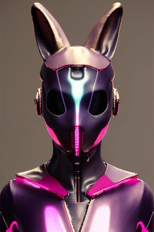 Medium Close Up Portrait, Front image. cyberpunk, rabbit mask, Chinese woman, pink long hair. latex, glossy suit. Pink, black, white, color. Retro futuristic style. Color background, photo studio. Avatar image, highly detailed, concept art, smooth, unreal engine 5, god rays, ray tracing, RTX, lumen lighting, ultra detail, volumetric lighting, 3d, finely drawn, high definition, high resolution.