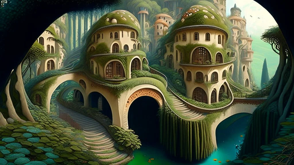 Gigantic mushroom village with balconies, archways, stairs, bridges, bushes, spanish moss, ivy, river, a winding pathway through the middle, in a valley