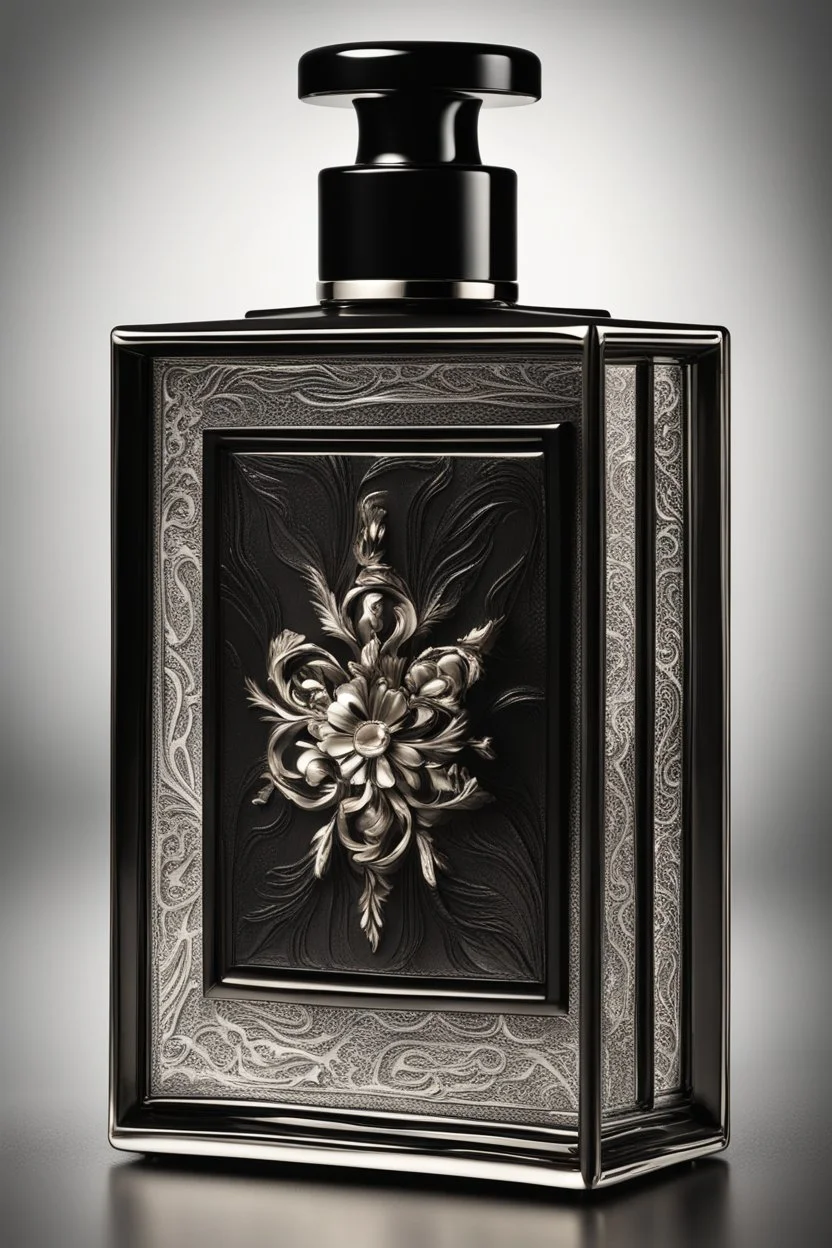 Black perfume bottle design embossed with white gold