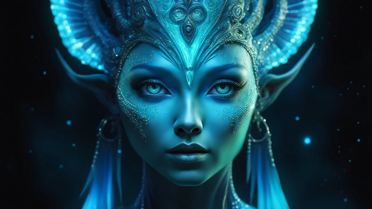 The photo features a bioluminescent and bioluminescent art style depicting a divine female alien god. Bioluminescent moist translucent glowing skin, ethereal glowing eyes, extra long neck, medium front third eye, large head fins and ear fins show off a charming, perfect face in ultra-realistic detail. The composition imitates a cinematic film with dazzling, gold and silver lighting effects. Intricate details, sharp focus, crystal clear skin create high detail.