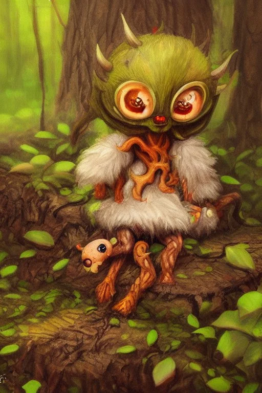 cute tiny forest demon sitting on a fallen leaf, intricately detailed, photorealistic, oil on canvas, trending on art station, high definition, hdr, cute, beautiful in sunshine