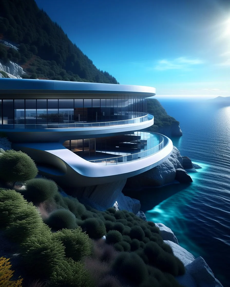 Country house on the cliff overlooking the sea oval architecture Zaha Hadid style incredibly detailed 8k digital art