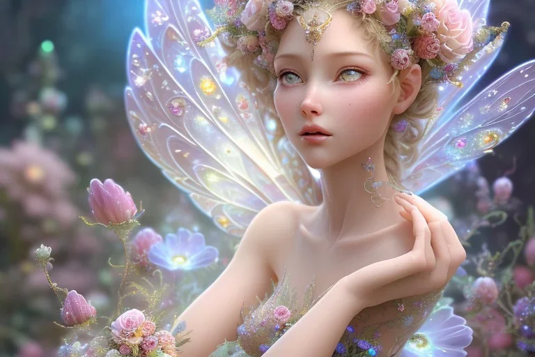 one very little beautiful fairy on a big crystal subtle flower in a galactic ambiance, transparent petals, delicate colors, in the foreground, full of details, smooth, bright sunshine，soft light atmosphere, light effect，vaporwave colorful, concept art, smooth, extremely sharp detail, finely tuned detail, ultra high definition, 8 k, unreal engine 5, ultra sharp focus