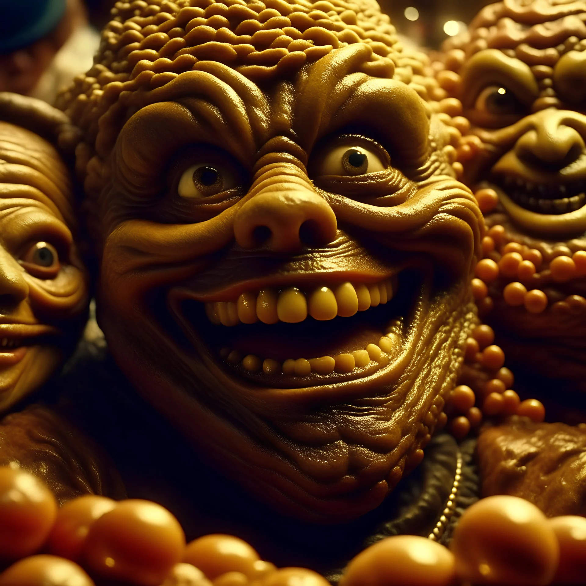 Close-up odd movie shot of ultra realistic dine, party, ultra realistic odd organs smiling, hypermaximalist figures, monster, 1970's odd movie, sinister, Minicavio Quollati style, photography by Marlost Endgulp, ornate, 4k, photorealism