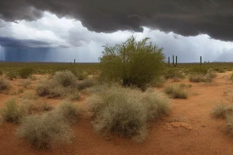 a stormy monsoon rainstorm in the arizona desert, the landscape is mostly green with lots of mesquite trees and bushes, puddles, volumetric lighting, volumetric clouds, beautiful cloudy deep blue sky, 8k, uhd, by georgia o'keeffe and thomas kinkade and quentin mabille and geoffroy thoorens, trending on artstation