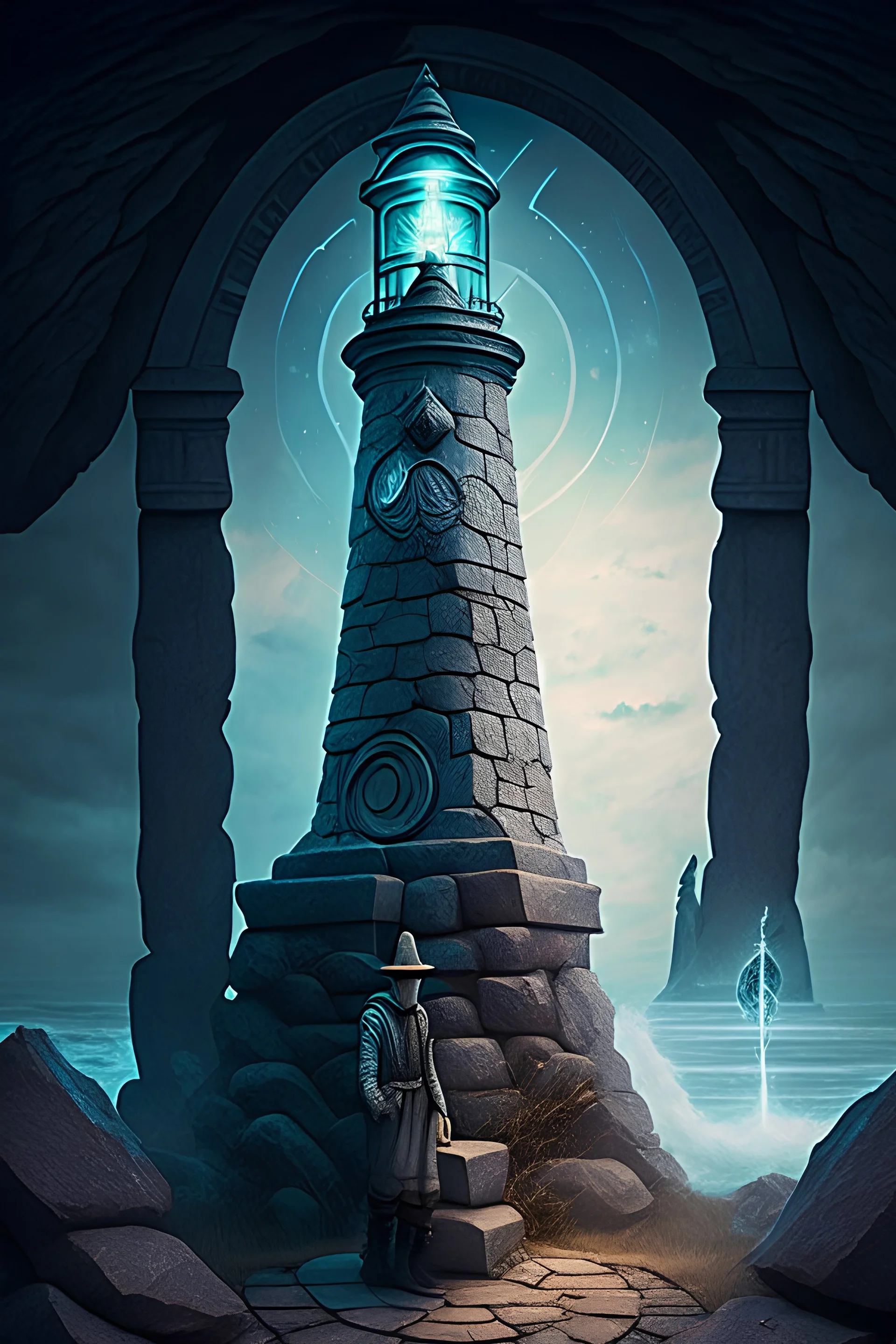 Mystische Statue aus Stein vor einem Fantasy Portal die einen alten Leuchtturmwärter zeigt