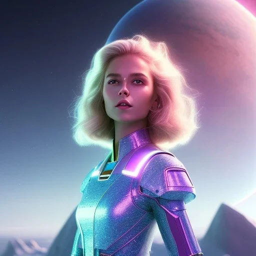 A portrait of a transparent crystalline girl,smiling, longs blond hairs, green eyes, galactic skirt, atmospheric, realistic, cinematic lighting, octane render, purple and blue sky, nebula, stars, planets in background, spaceship in background