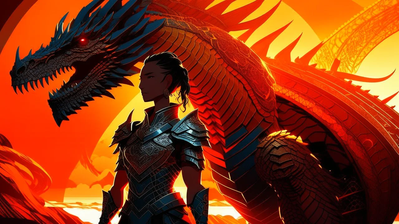 A digital illustration with a modern twist, showing a woman clad in futuristic, sun-inspired armor standing fearlessly in front of a fierce dragon, their silhouettes outlined against a dramatic, fiery backdrop. The woman's armor gleams with intricate designs and glowing accents, while the dragon's scales are a mix of metallic and organic textures, symbolizing a harmonious balance between nature and technology. The dynamic composition and bold colors add an element of excitement and power to the