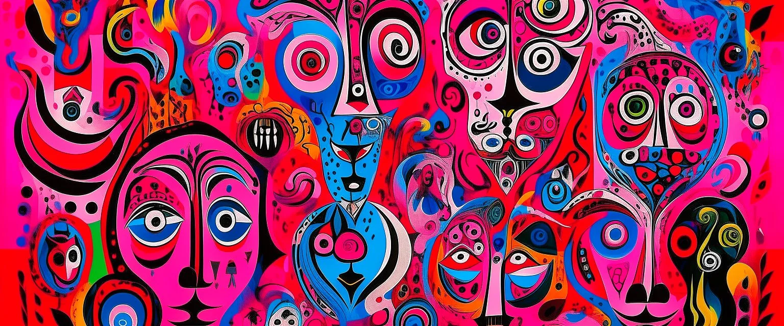 A magenta psychedelic realm with floating eyes designed in African masks painted by Pablo Picasso