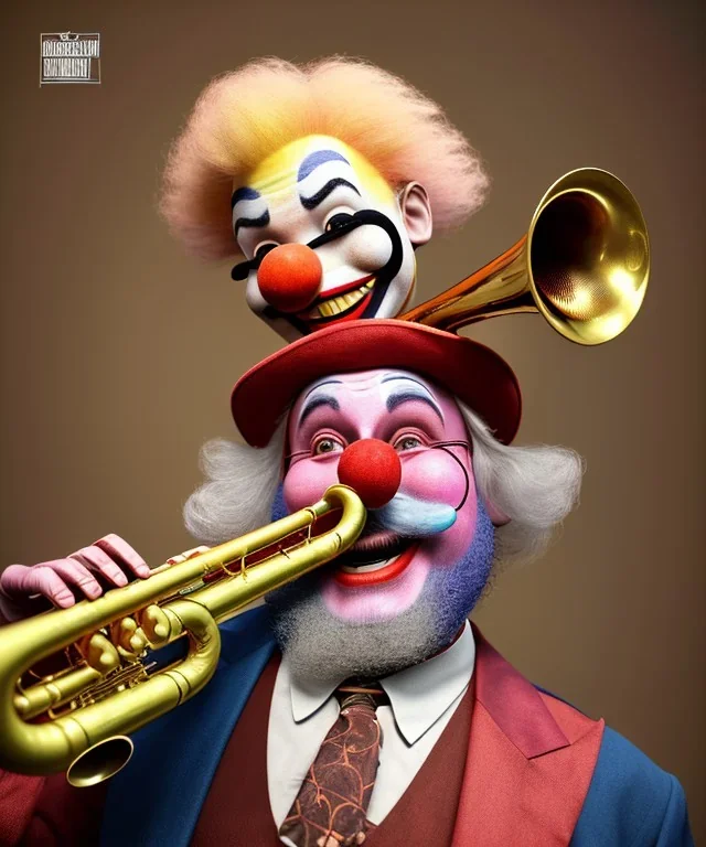 happy and funny old friendly clown with round head and trimmed beard playing jazz with a steampunk theme, trumpet on mouth, carnival, dreamy