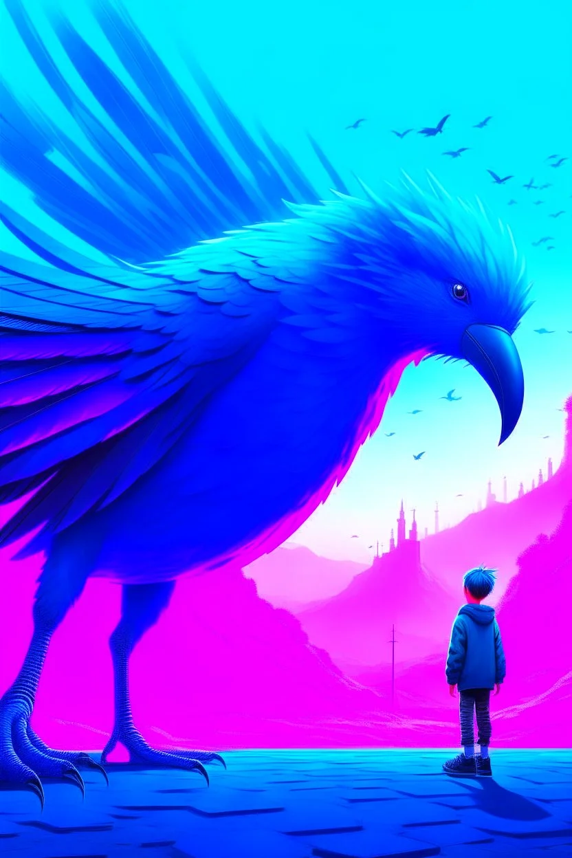 giant blue bird attacking small man in the metaverse style of beeple