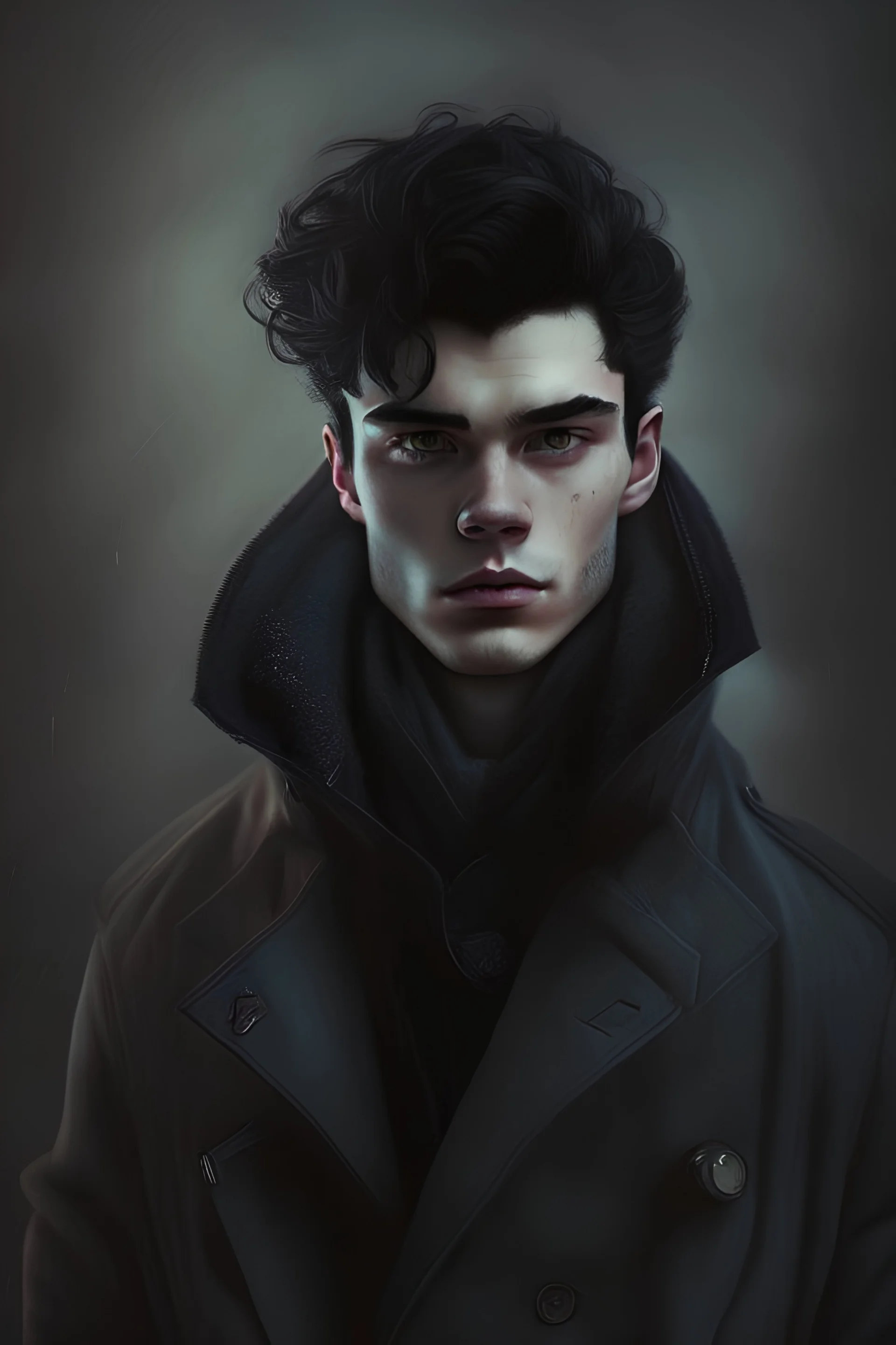 Portrait of a 23 year old male with dark styled hair. That wears a peacoat and has an obsession with aliens.