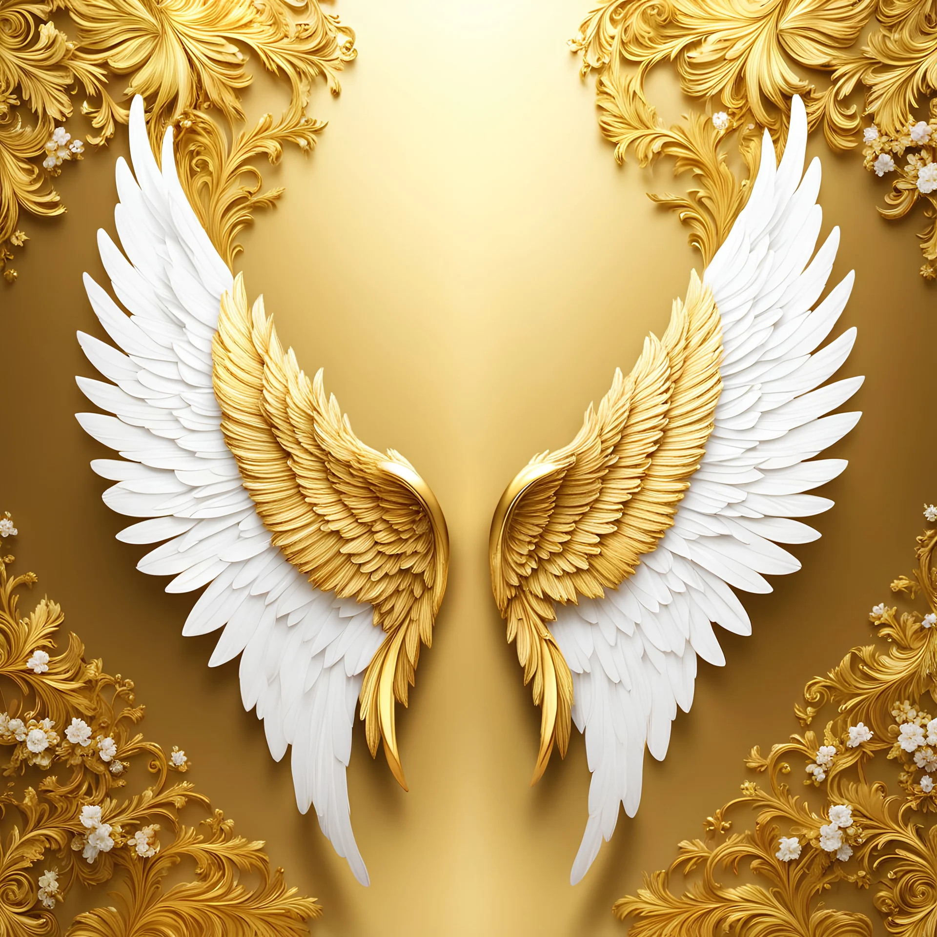 two beautiful angel wings, gold and white, extra clear, golden background,