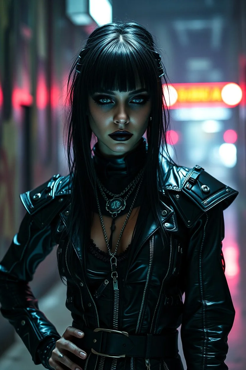 cyber-goth woman in black makeup, full cyber-goth clothes with matrix style, utopistic scifi, dark colors, fashion, random background, high detailed, high realistic