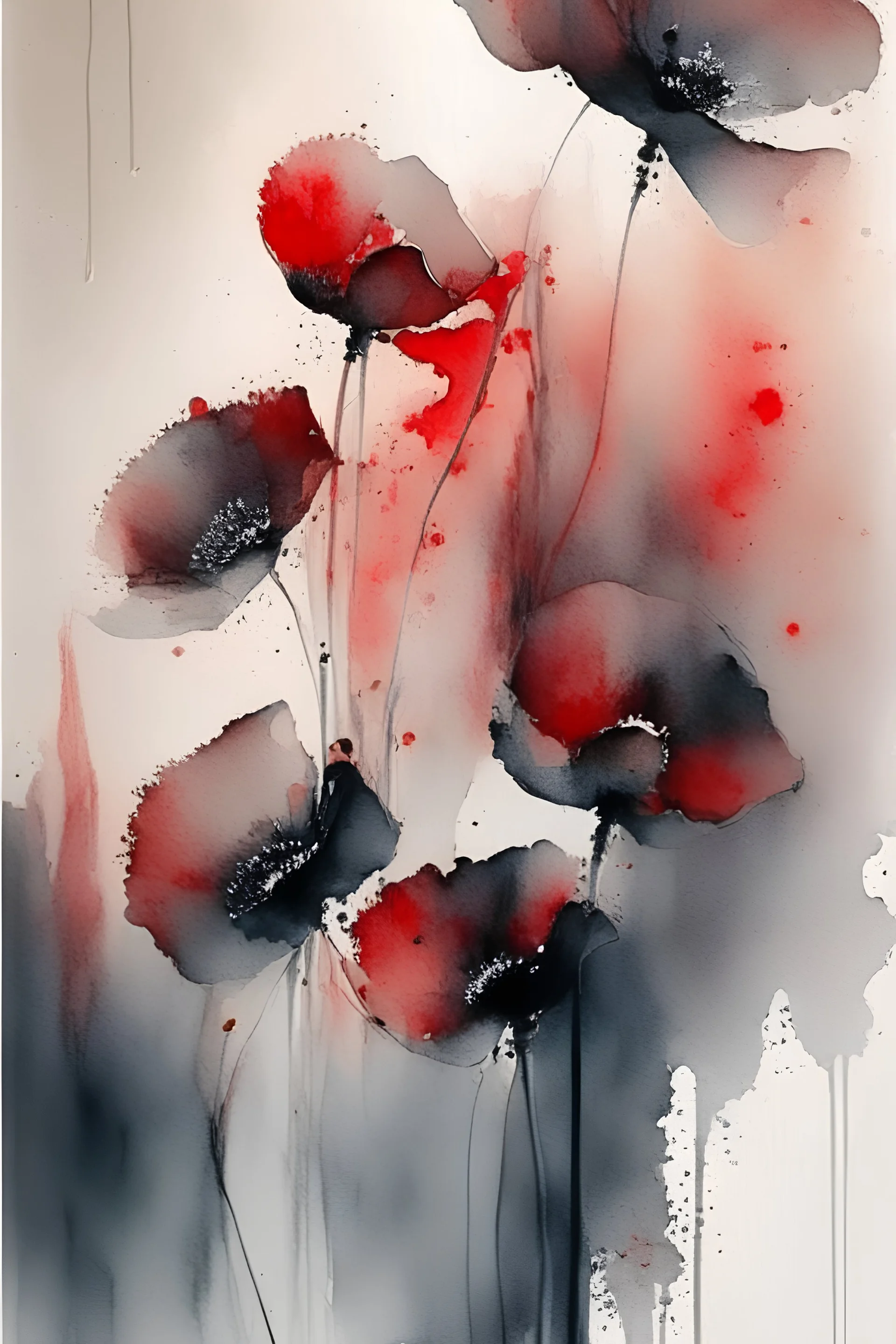 Abstract wet watercolour, grey red poppies
