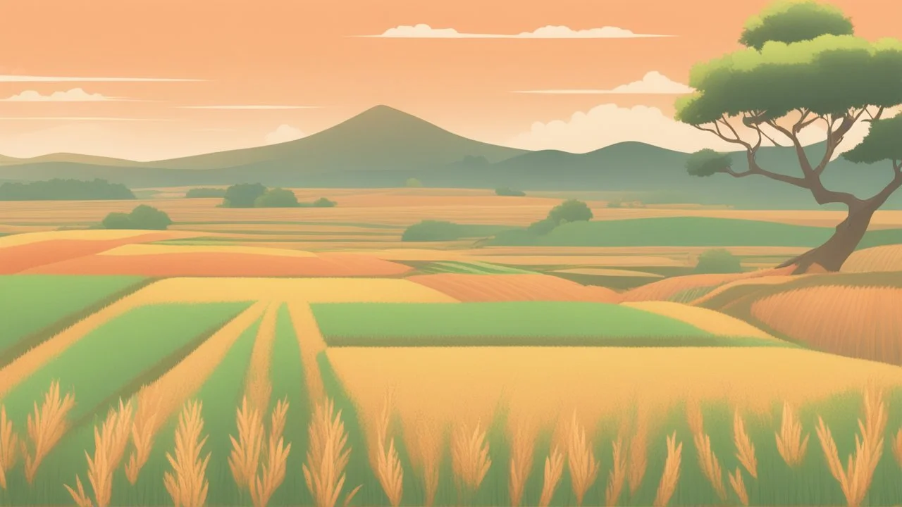 Rice field，Trees，Warm color palette，Animation，A lovely grasshopper，Top of the hill