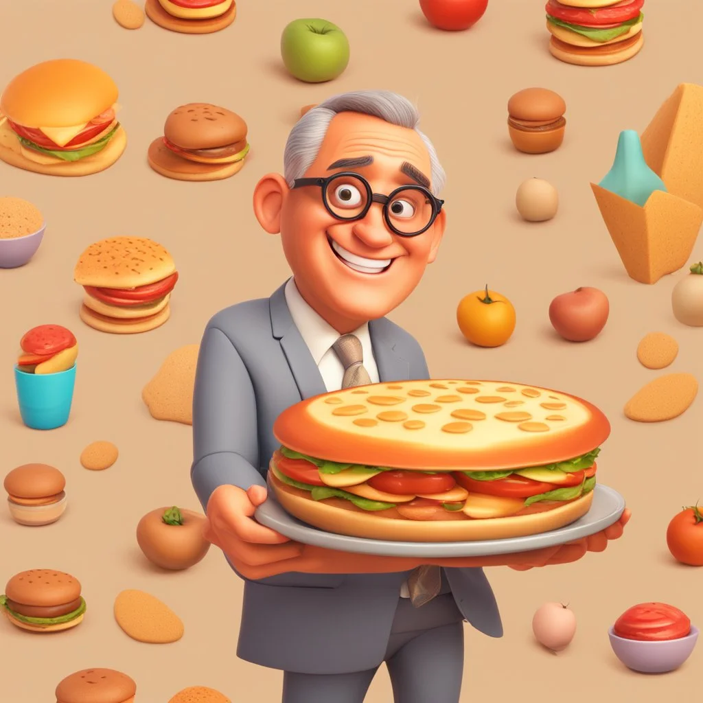 Disney pixar 3D style tan skin middle aged man with short haircut wearing thin round glasses and suit in food background smiling