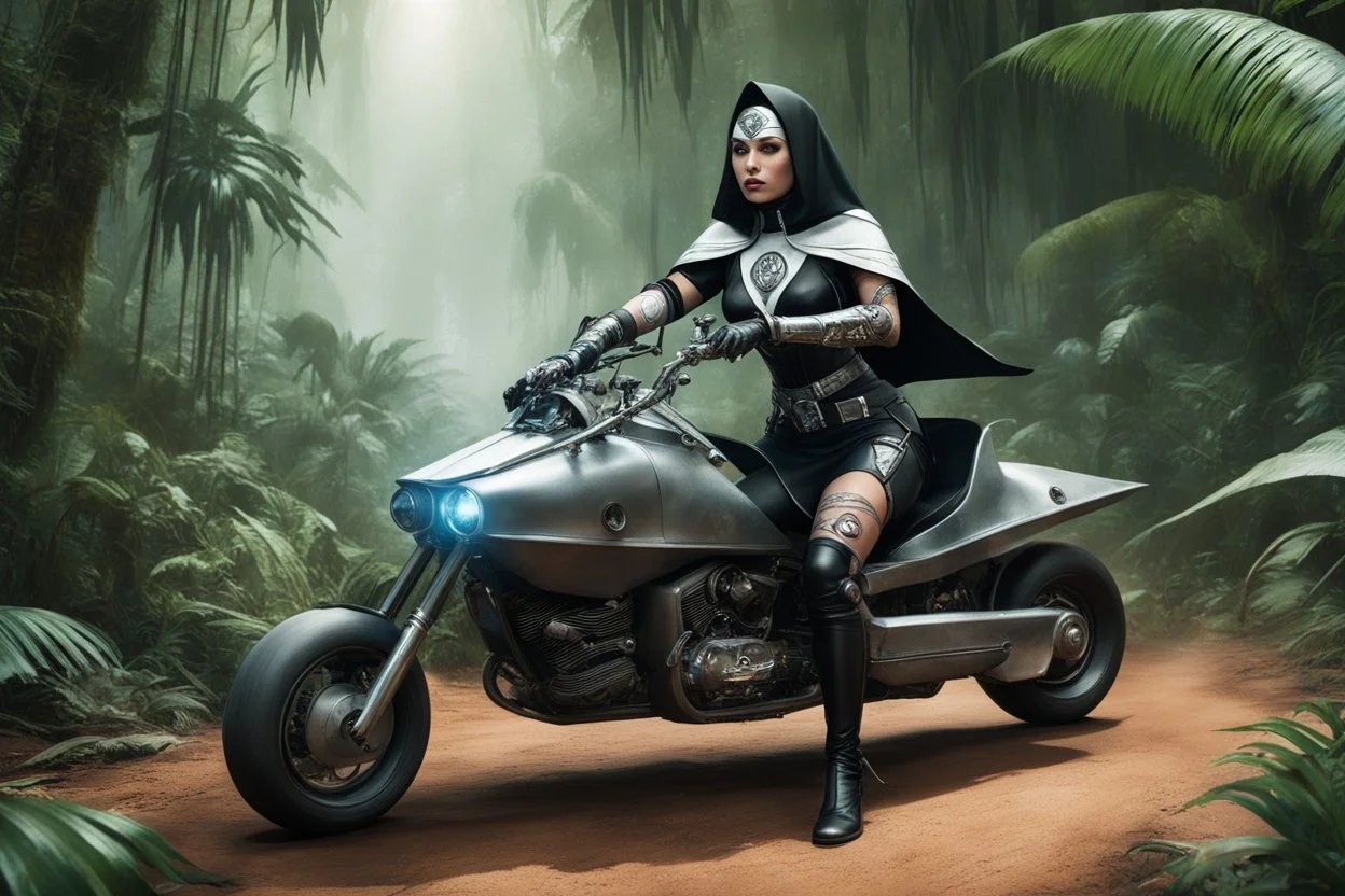 (high res photo by unknown surrealist artist) scifi Princess as a tattooed gangsta nun in her iconic outfit, she is driving a speeder moto in the jungle, aiming with her scifi rigle in hand, ready to shoot