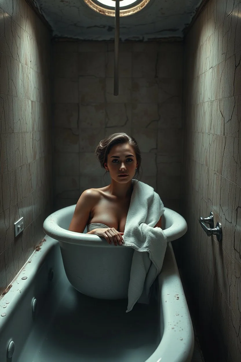 "A very old paints cracked abandoned bathroom , a woman with a towel around her shoulders in the tub , insanely detailed octane render trending on artstation, 8k artistic photography, photorealistic concept art, soft natural volumetric cinematic perfect light, chiaroscuro, award-winning photograph, masterpiece, oil on canvas, Raphael, Caravaggio, Greg Rutkowski, people, beksinski, Giger