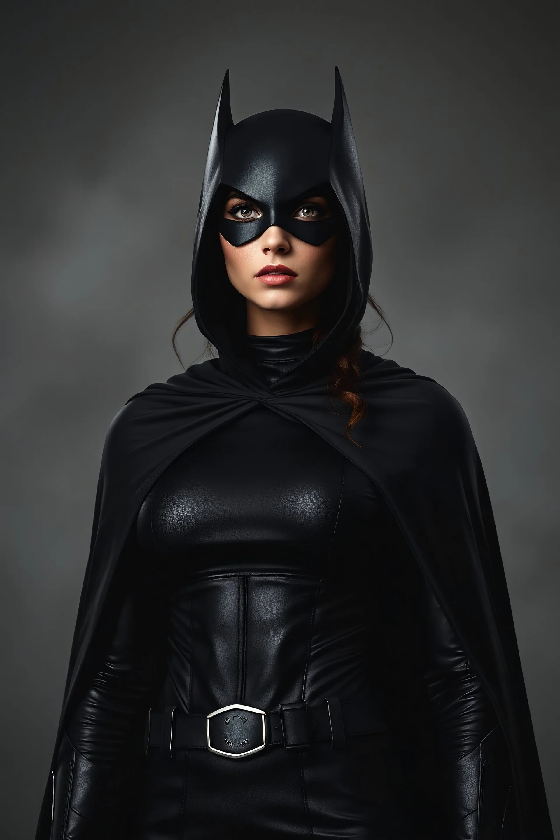 a sad looking superhero women wearing all black with a cape