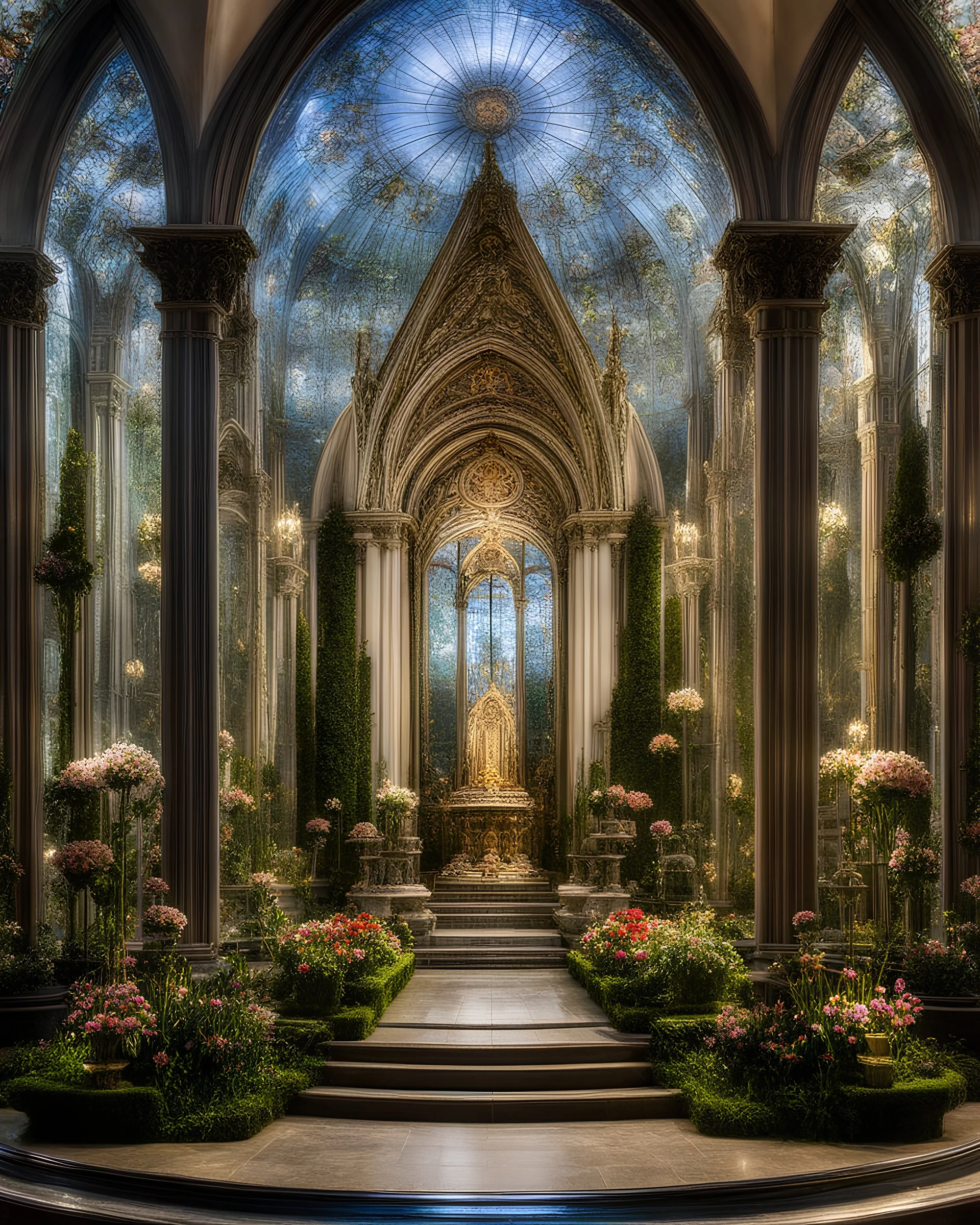 Miniature cathedral inside a transparent glass parabolic box, a world of flowers, plants, fountains and water features, historical, fantasy, mythical, gentle, symmetry, detailed and beautiful composition, totally symmetrical, halo lighting and chiaroscuro, clarity and precision. The flower planet in this image appears to be a baroque world, with ornate spiral patterns and intricate designs. Award-winning photograph.