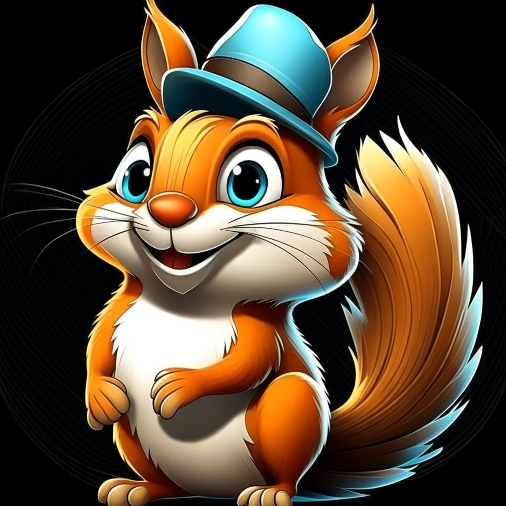 Cute squirrel. He is a delightful creature. Smiling. Imaginative and captivating our hearts with his vibrant beauty. He has big eyes that sparkle with kindness, innocence and joy. A wonderful cartoon character. He wears a black hat, jeans, and a white shirt. An isometric cartoon character. Emphasis and focus on the character. amazing . Nice and innocent. Delightful. Fantasy graffiti style focus and precision on character. A simple yellow background, and at the same time attractive and full of lo