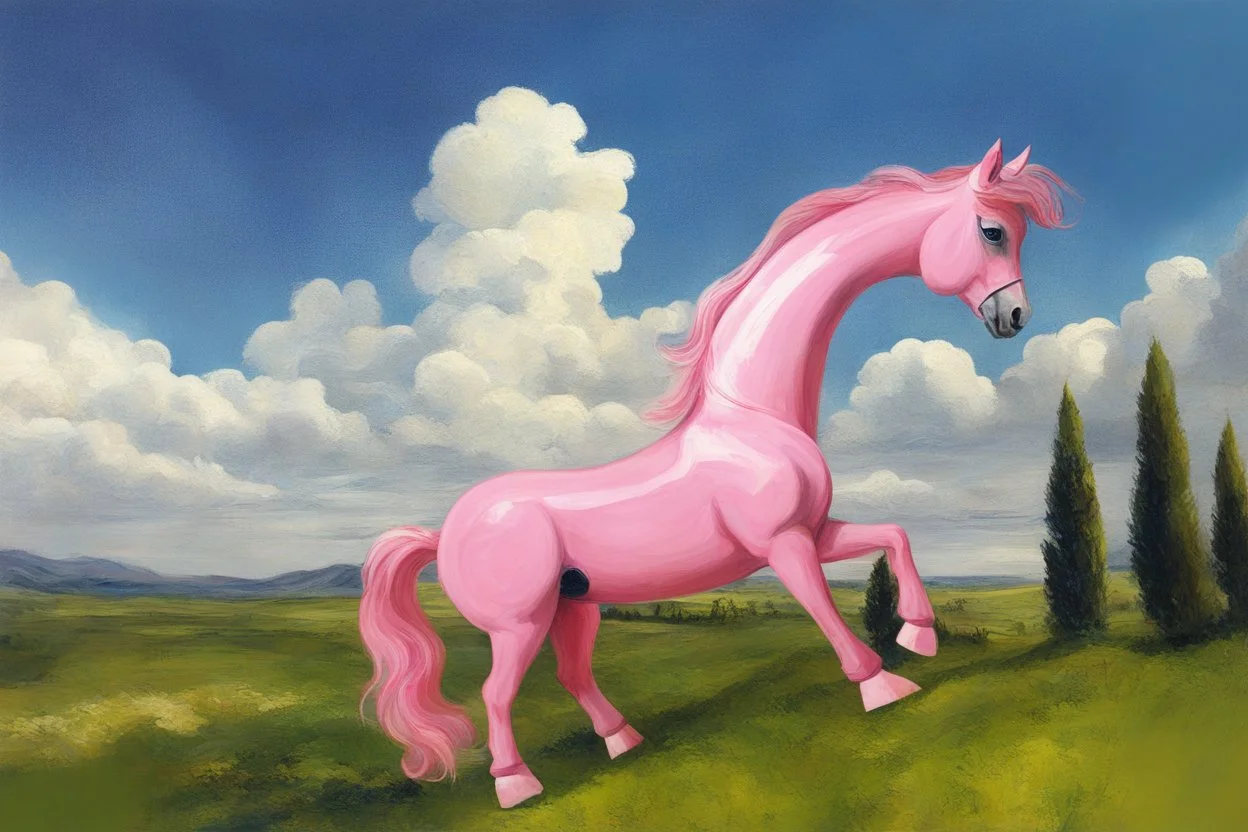 Big pink plastic toy horse.19th painting