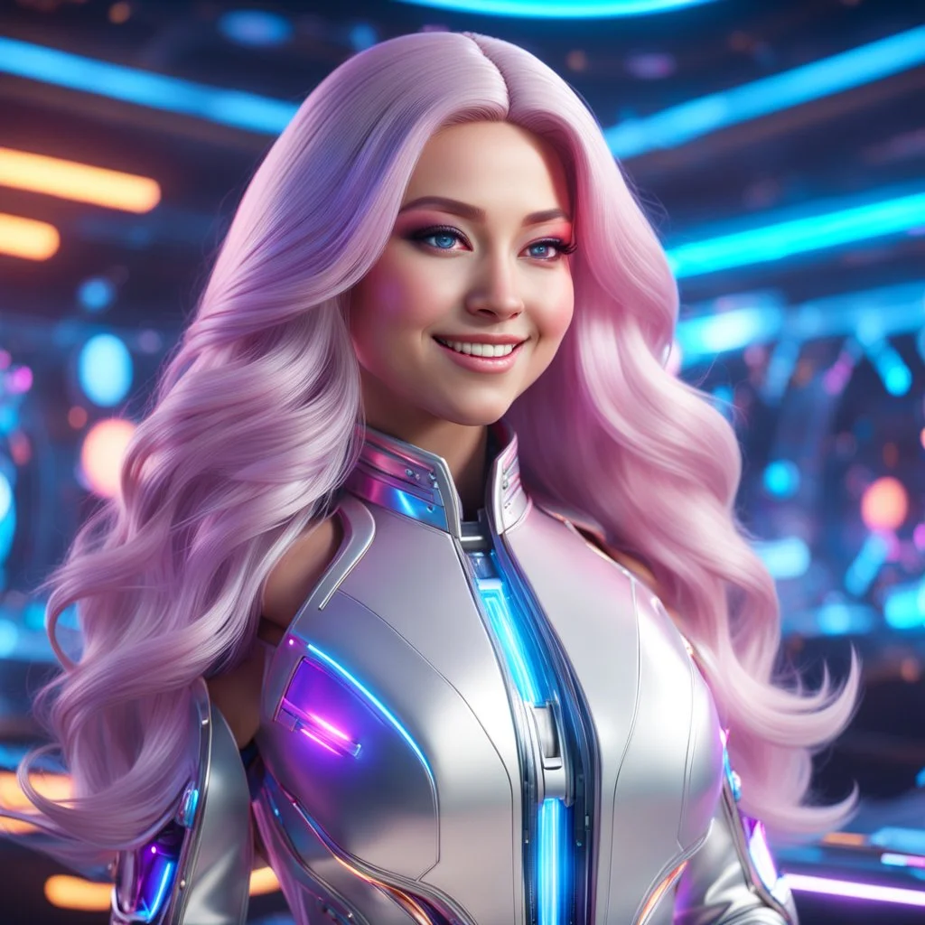 (masterpiece, best quality, 8k, RAW photo, beautiful and aesthetic:1.2), complex detail, Indirect light, photorealistic, (((full body))), Cosmic Baby corp boss style smiling, Long clear curvy hair, colorfull Sci-Fi environment