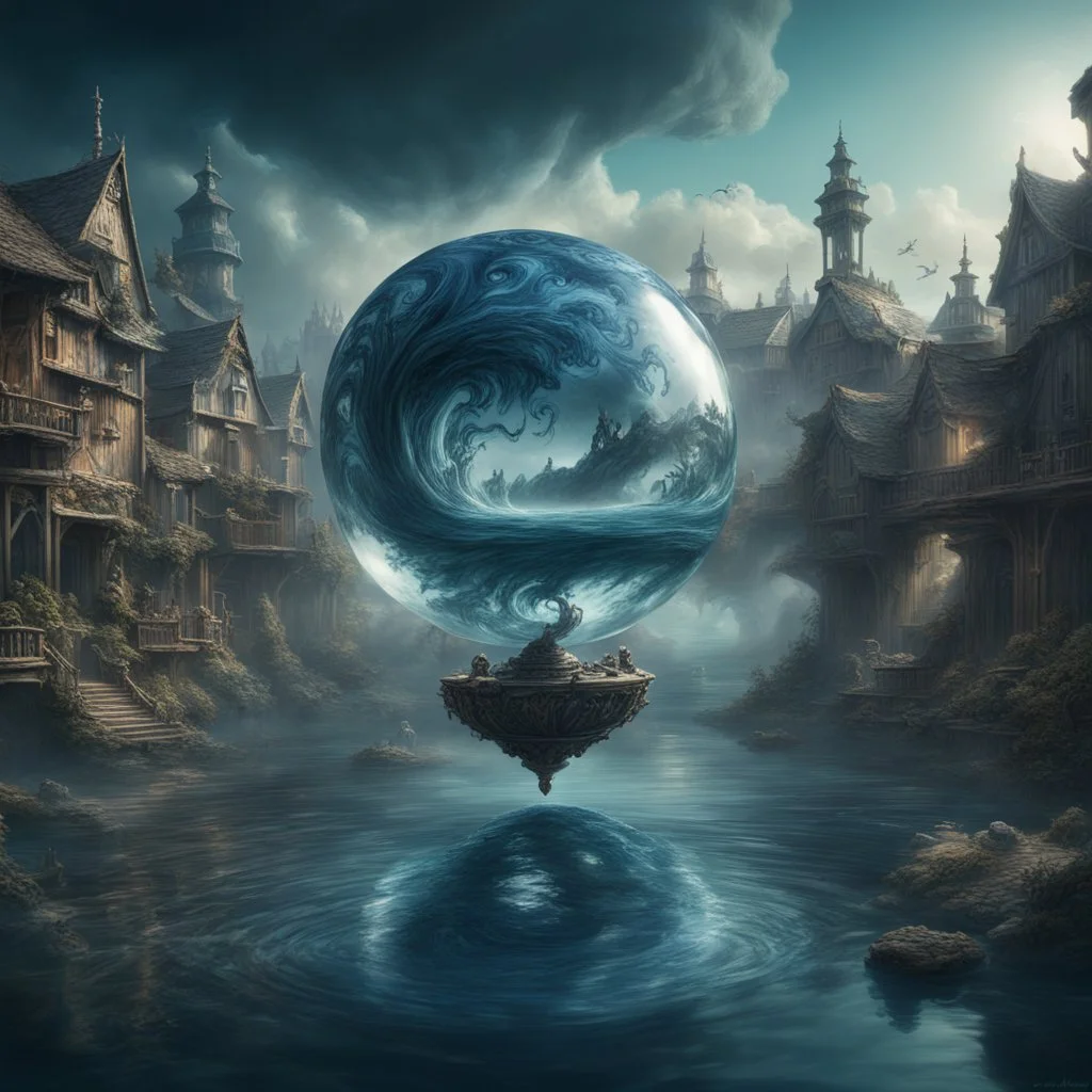 A translucent navy blue and glass platinum spooky smoke sphere filled with swirly ocean waves and a old village harbour, levitating in front of a humongous pond in an deoglu, Gustave Doré, detailed matte painting, deep color, fantastical, intricate detail, complementary colors, fantasy concept art, 8k resolutiosert oasis on dry dusty earth. wide view,