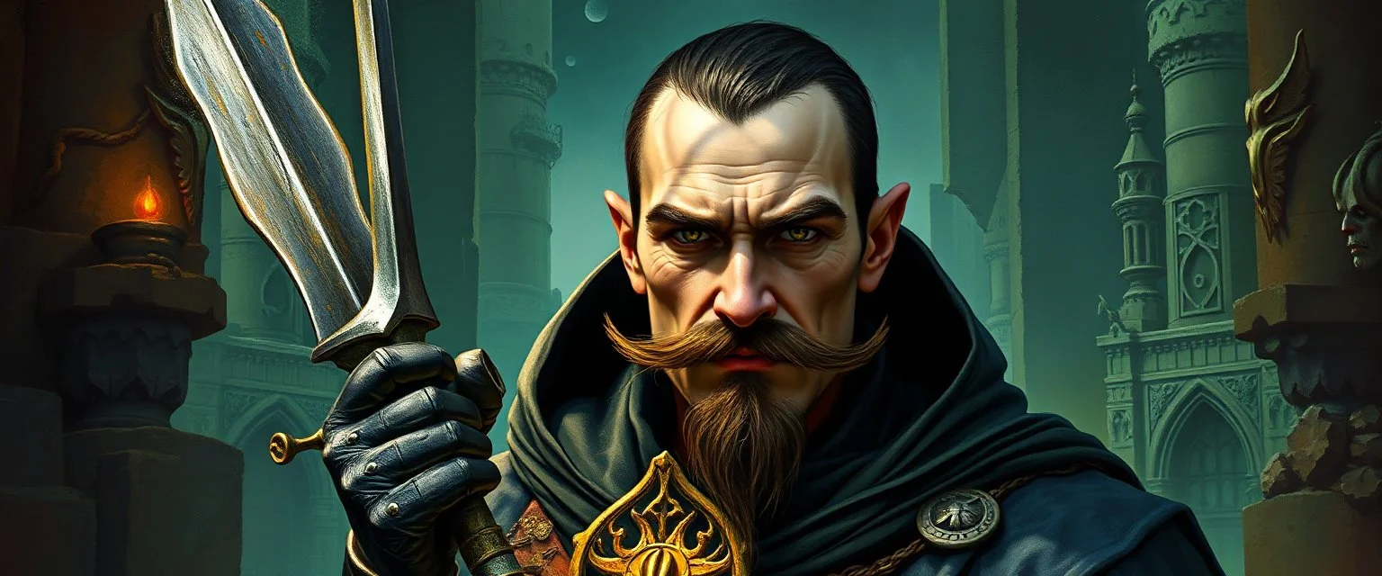 holy paladin assassin, oil paint and airbrush, upper body portrait of clever crow vintage mustache assassin man with Damascus steel sacrificial scepter in then elven magical green city of Forgotten Realms, myth drannor