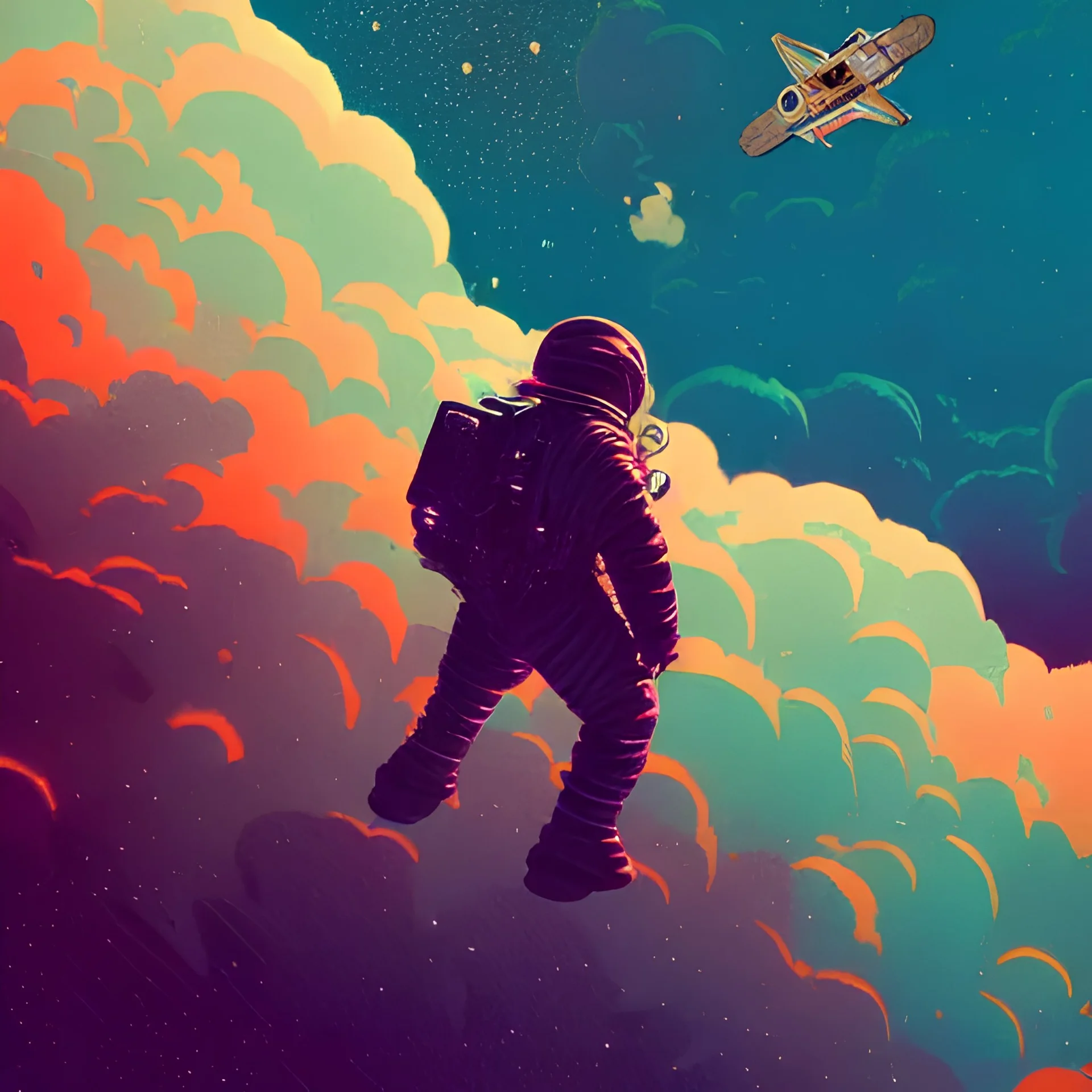 lonely astronaut flying in jupiter's clouds, epic scene, by victo ngai, kilian eng vibrant colours, dynamic lighting, digital art, winning award masterpiece, fantastically beautiful, illustration, aesthetically inspired by beksinski and dan mumford, trending on artstation, art by greg rutkowski, 8k