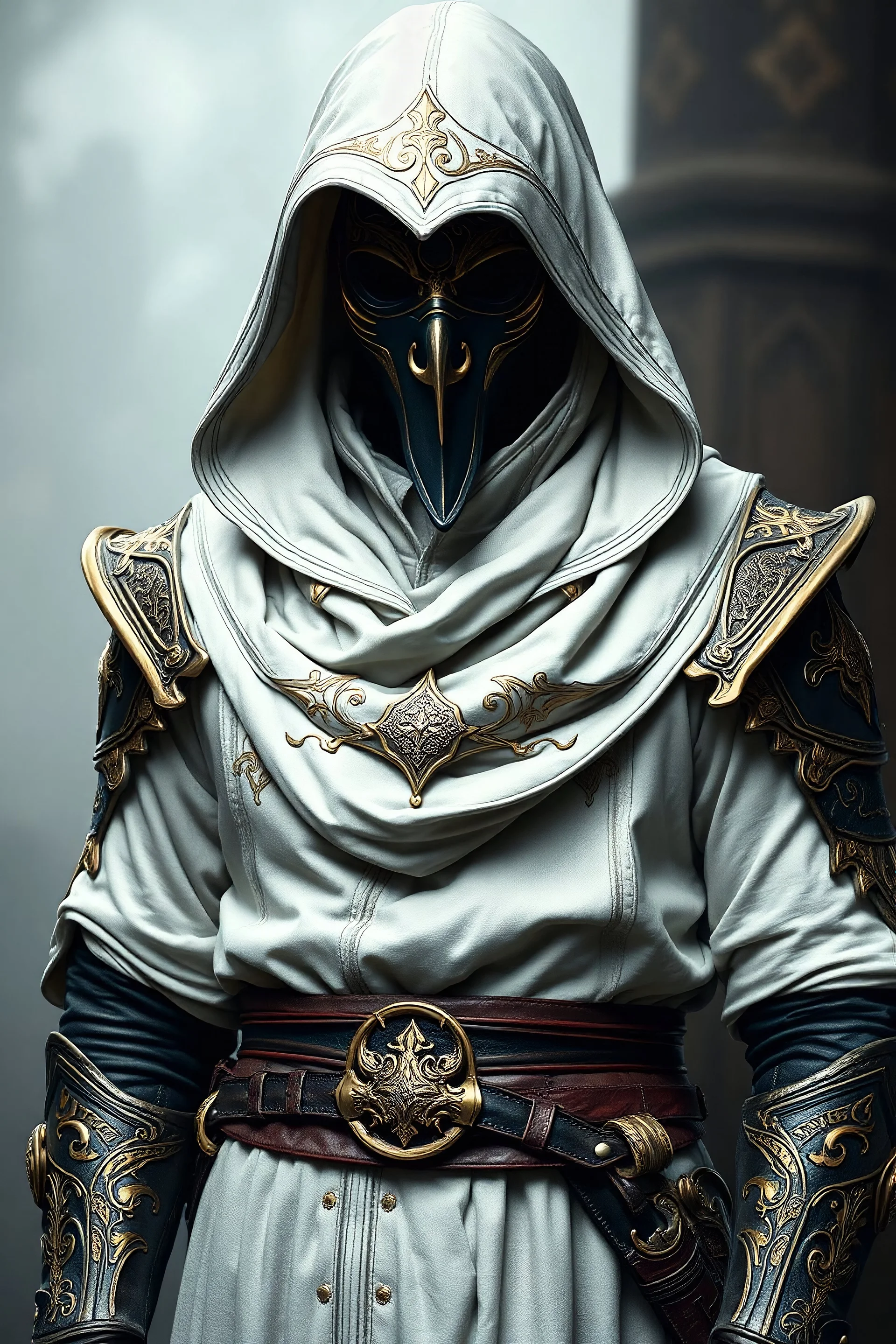 white robed healer, with leather armor that has intricate gold details on it, over top of it. the robe has a stiff high collar and a hood like ezio from assassins creed . He has black and gold plague doctor mask covering his face.