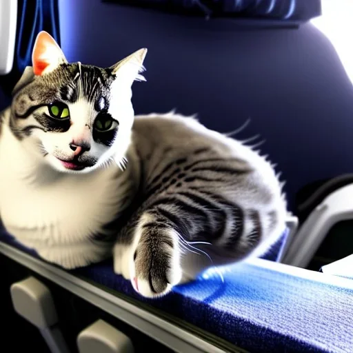 Gato sentado em uma poltrona de avião, foto realista,corpo inteiro