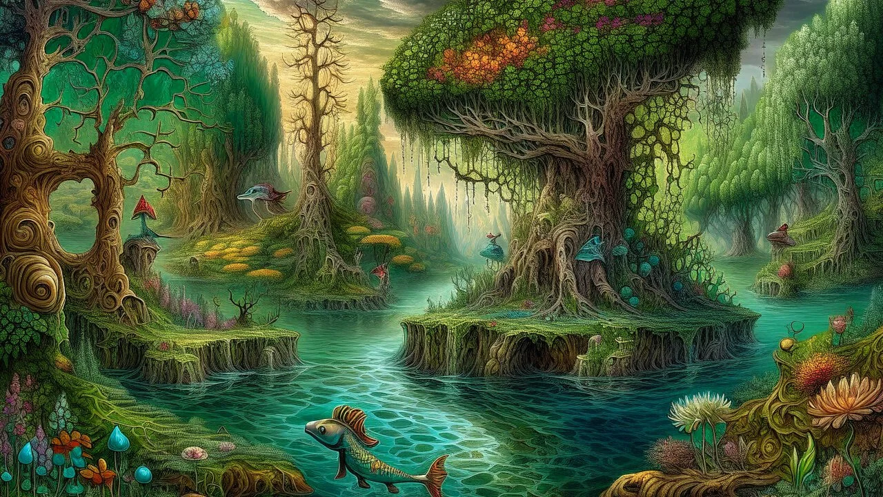 Imaginary landscape trees. . And he sells. Meh. lake.Underwater ornamental fish perfect anatomy, fantasy, vibrant digital art professional award winning masterpiece, oil on canvas Atmospheric extremely detailed Josephine Wall