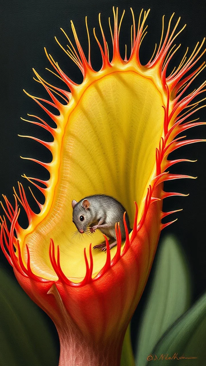 Bosch style painting , 3D Venus flytrap, Dionaea muscipula, showing its trigger hairs. Trapping a mouse