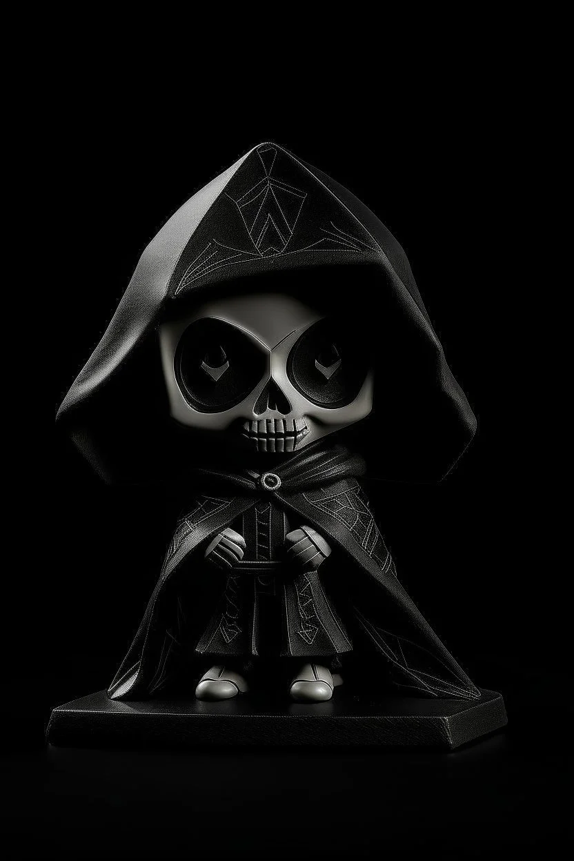 funko skeleton in a black hooded cloak drawn in a retro mascot style, inside a light diamond shape on a black background, monochromatic