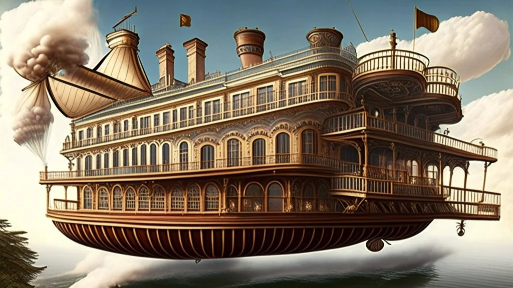 large wooden Victorian pleasure steamboat flying above a city, balconies, verandas