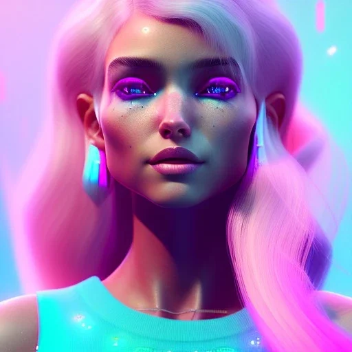 A portrait of a crystalised girl,smiling, laughting longs normal hairs white , atmospheric, realistic,, cinematic lighting, octane render,, pink turquoise light, diadème