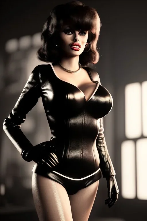 Sophia Loren dressed in shiny black leather, frank miller sin city, busty, cleavage, volumetric lighting, particales,highly detailed,cinematic, deep colours,8