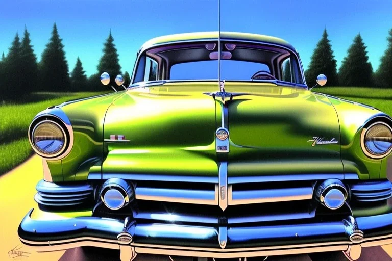 a true-to-life 1952 ford mainline sedan, classic wheels, centered, intricate, extreme detailed, photorealism, center view, suburb background, pivot on ford, pen and color marker, painting by cheryl kelley