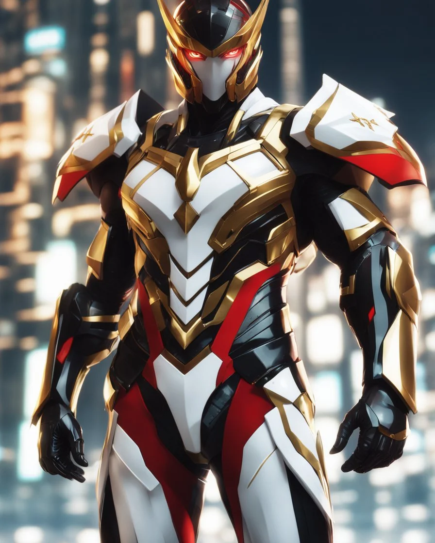 Stunning hyper-realistic anime illustration Powerful male protagonist dressed in striking white, red, black and gold outfit. Intricate armor with obsidian patterns with gold details emits fascinating energy. Muscular, toned physique accentuated with sleek lines and details. Futuristic cityscape background that contrasts beautifully with her bold outfit. Masterful combination of sci-fi anime aesthetics and 3D rendering