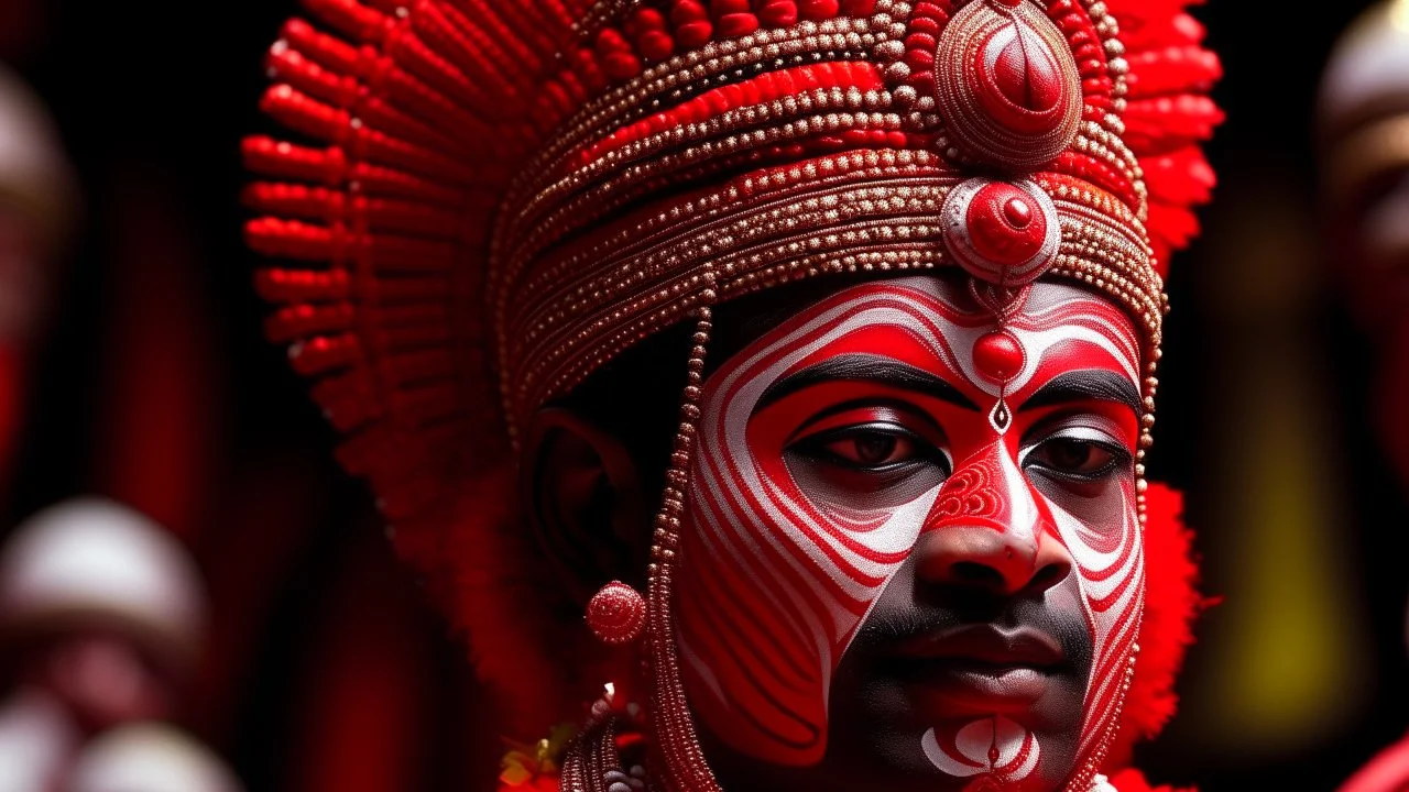 A detailed close-up of a Theyyam performance in Taliparamba, showcasing the elaborate costumes, face paint, and ritualistic movements of the performers.