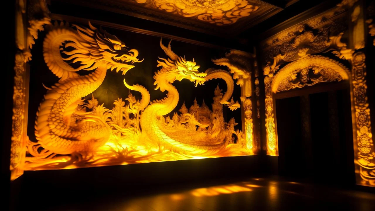 A yellow palace with glowing light dragons designed in Javanese shadow puppets painted by Vincent van Gogh