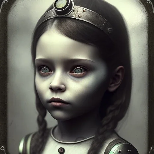 a little girl looking like a pirate, steam punk, scary, horror, realistic, made in octane, cinematic, ultra-realistic, extremely detailed octane rendering, 8K, VRAY Super Real ar 2:3, dof photorealistic futuristic 50mm lens hard lighting dark gray tintype photograph, realistic lighting, sephia colors